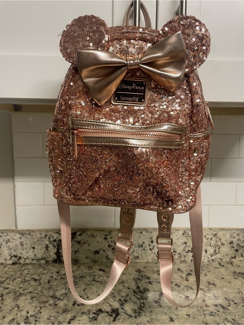 Disney Parks Loungefly Rose Gold Sequined Minnie Mouse Mini Backpack collectible